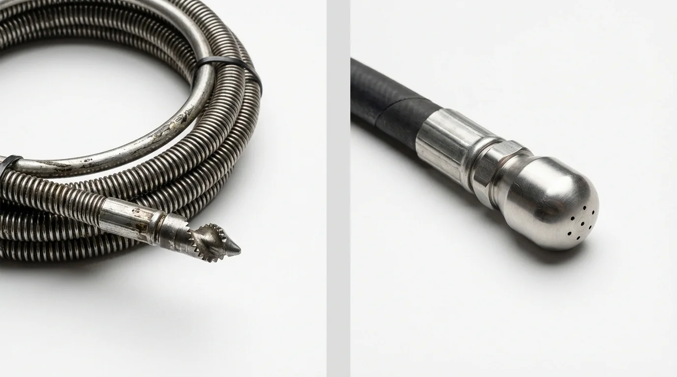 Drain snake cable and hydro jetting nozzle used for drain cleaning in Greensburg, KS