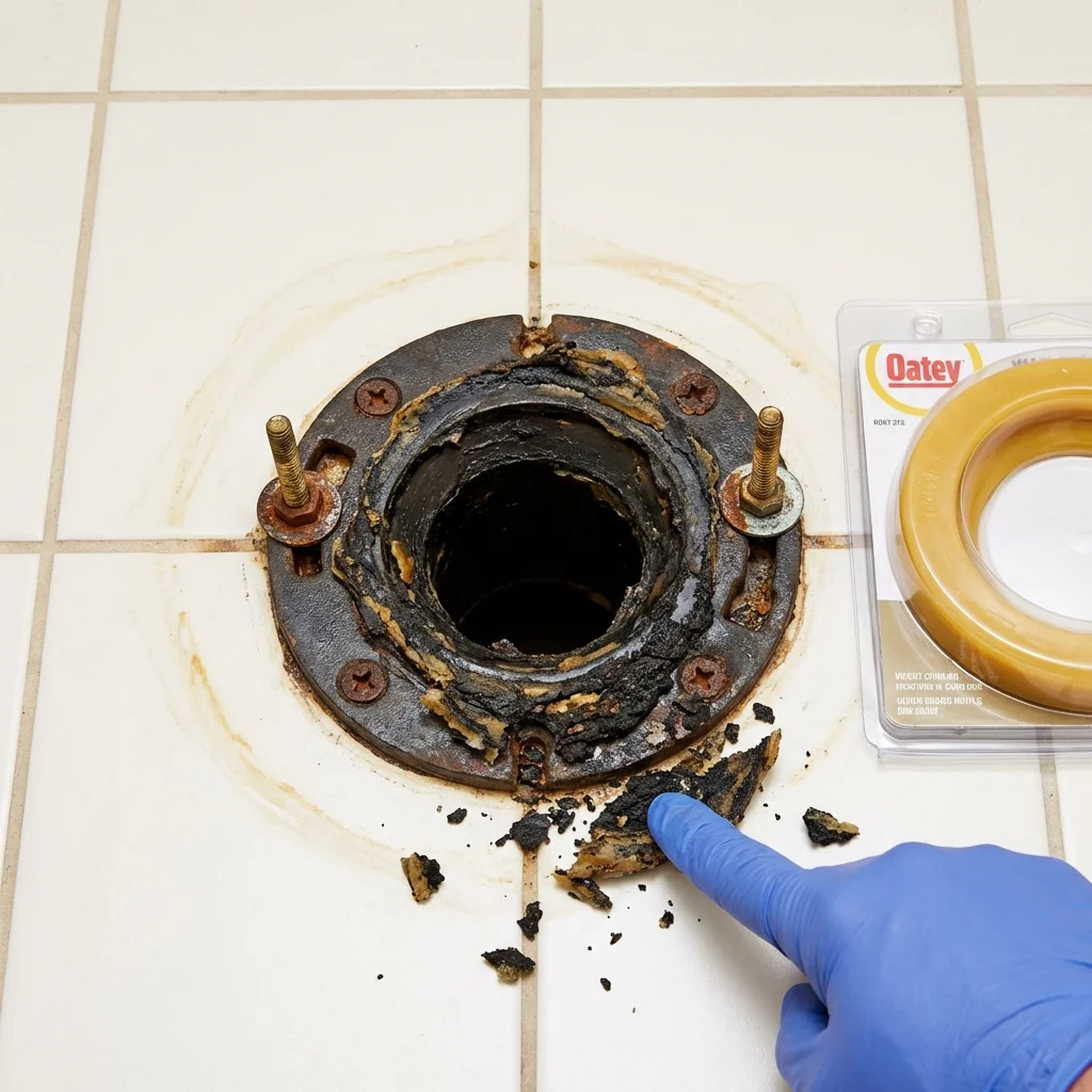 Failed wax ring showing water seepage at the base of a toilet in a Greensburg, KS home