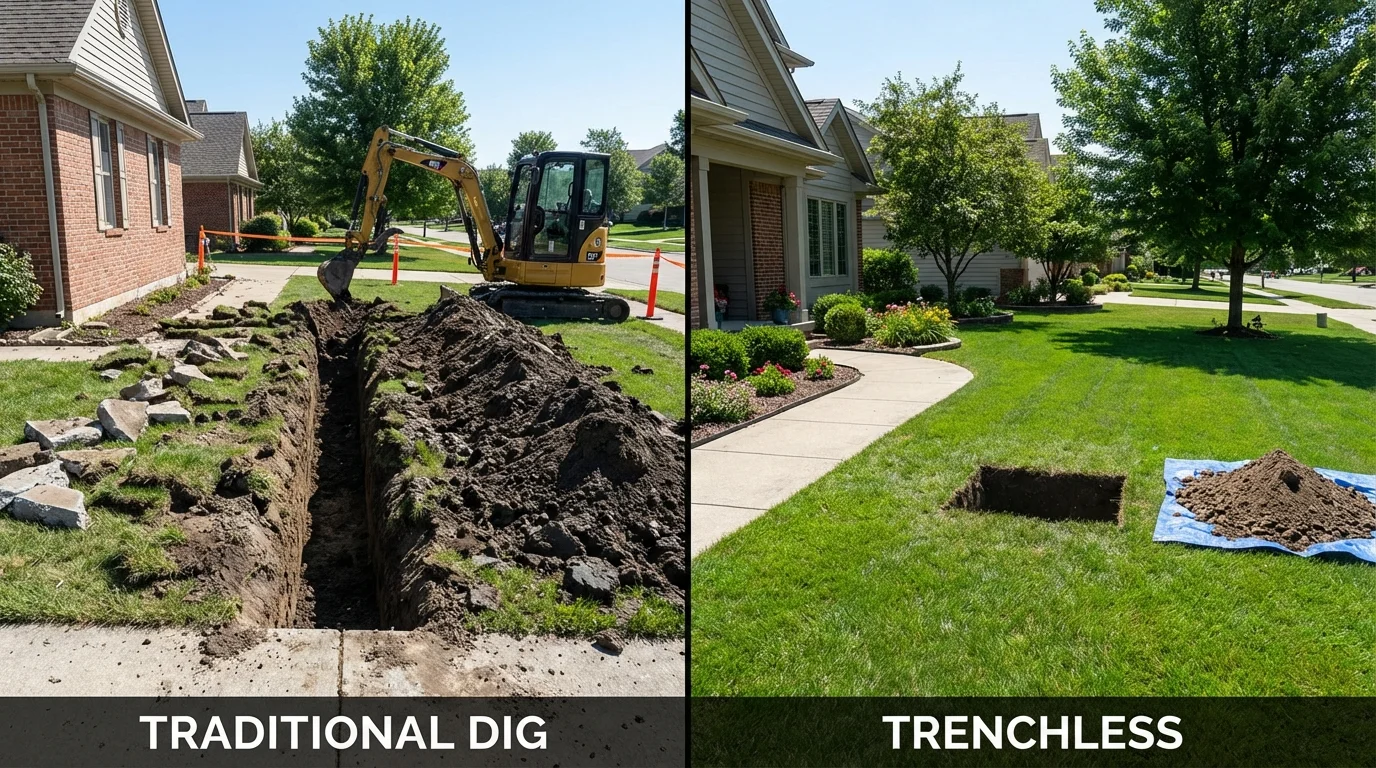 Trenchless sewer repair with minimal yard damage versus traditional excavation in Greensburg, KS