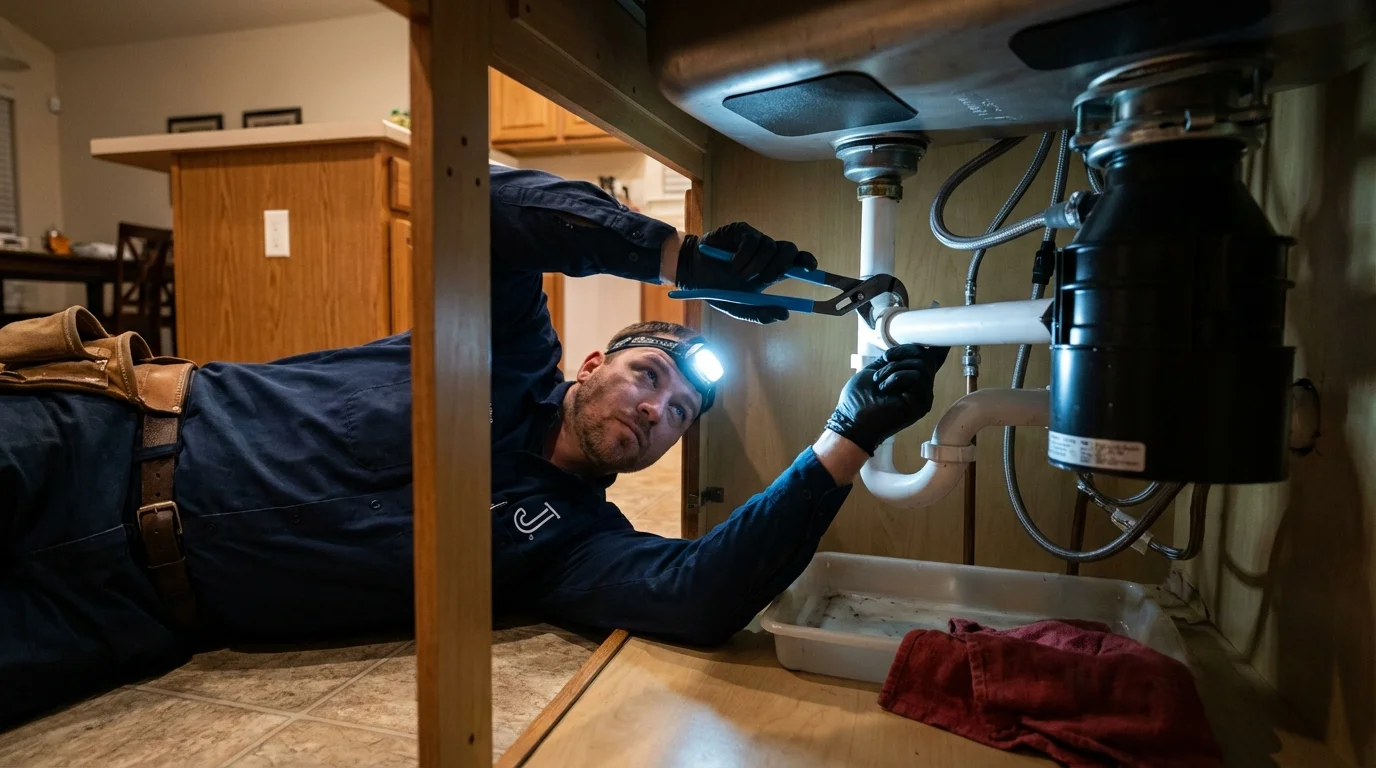 P-trap and supply line connections under a kitchen sink showing a common leak point in Greensburg, KS